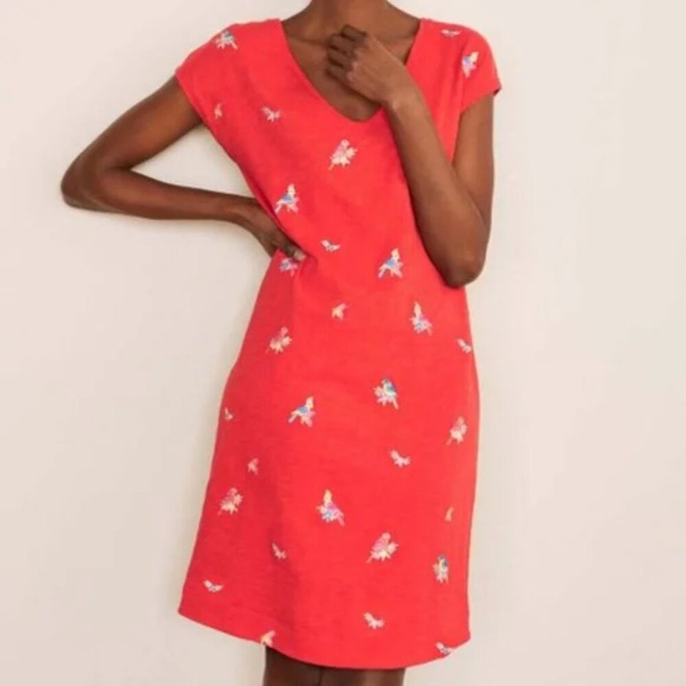 Boden Cherry Red T-shirt dress with parrot embroidery
